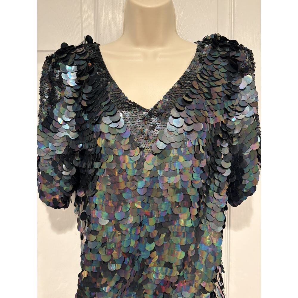 Vintage Oleg Cassini Sequin Top S Black Iridescent Disco Party Club Y2K Festival